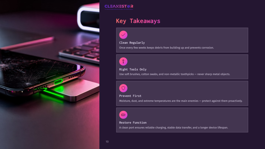 10 Key Takeaways 21 Charging Port With Green Light, Smartphone Next To A Laptop, And Checklist Highlighting Cleaning Tips In Pink Boxes On A Dark Background.