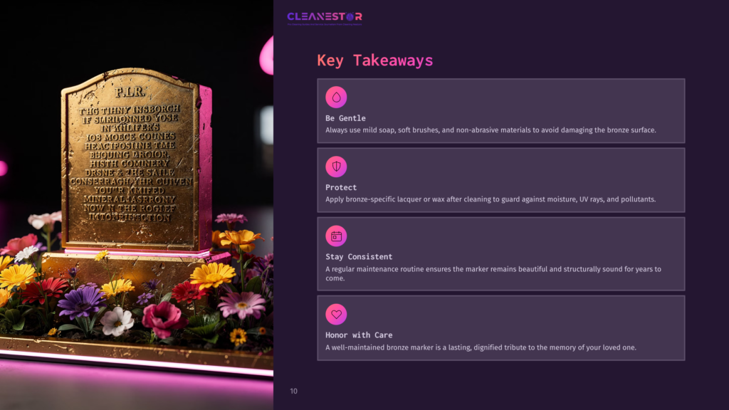 A Bronze Grave Marker Surrounded By Colorful Flowers, With A Soft Pink And Purple Background And Key Care Tips Beside It.