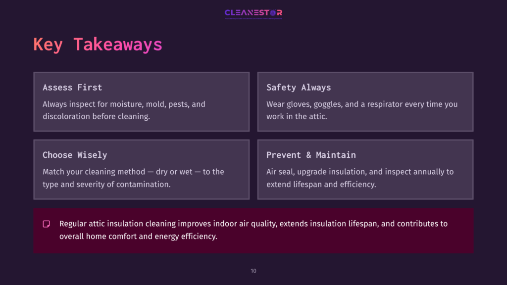 Text On A Dark Background Highlights Key Points On Cleaning Attic Insulation, Focusing On Safety, Methods, And Maintenance Benefits.