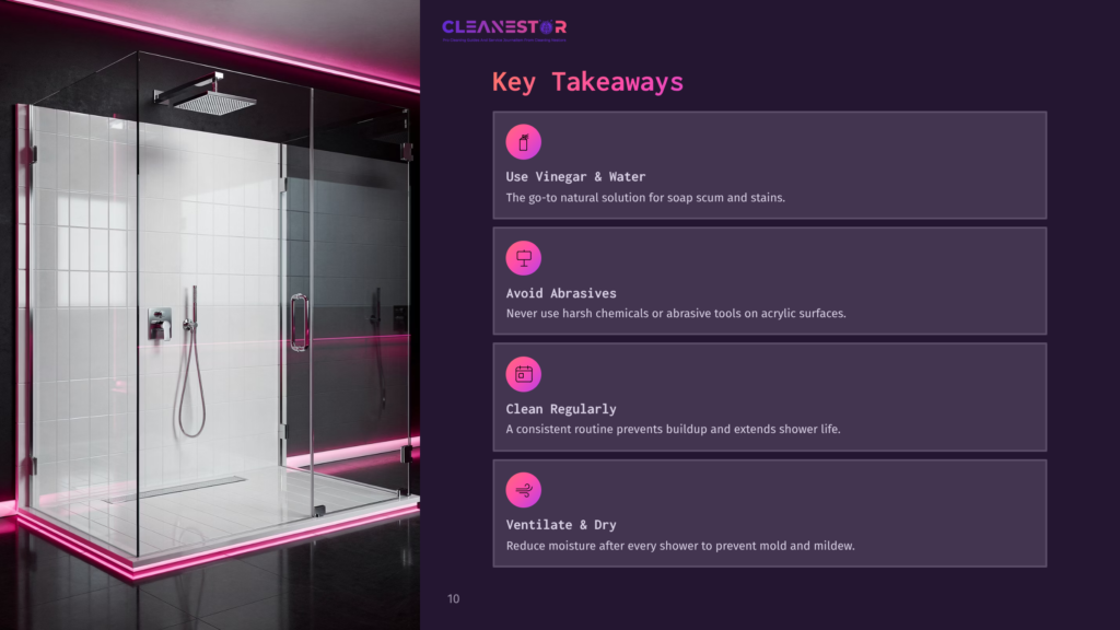 10 Key Takeaways 25 Modern Shower Stall With Glass Doors And Pink Lighting, Accompanied By Key Cleaning Tips On A Dark Purple Background.