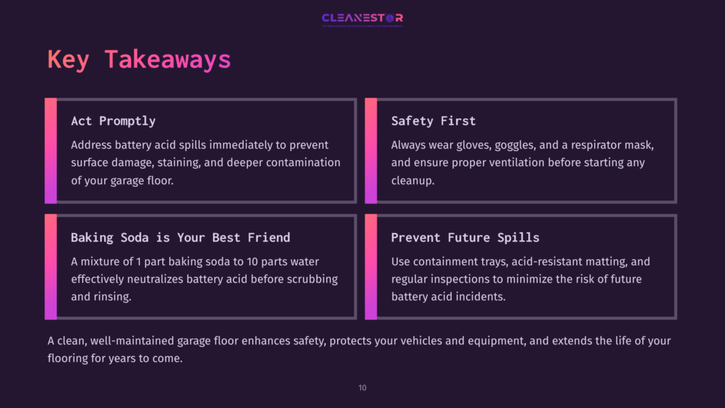 A Dark-Themed Slide Featuring Bullet Points On Cleaning Battery Acid, With Titles Like &Quot;Safety First&Quot; And &Quot;Prevent Future Spills,&Quot; And A Summary Of Key Tips.