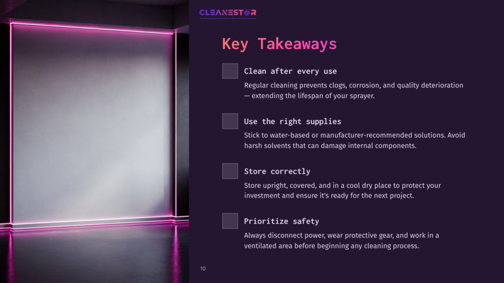 10 Key Takeaways 27 A Dark Slide With Pink Neon Accents Features Key Takeaways On Cleaning An Electric Paint Sprayer, Including Safety And Storage Tips.