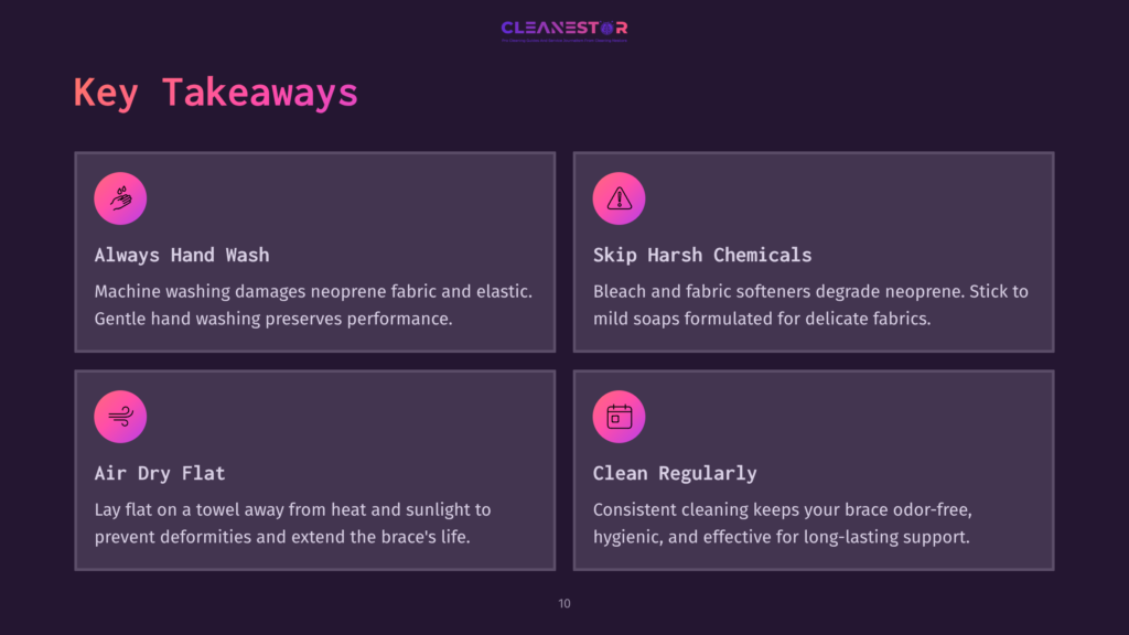 Four Informational Boxes On A Dark Background, Highlighting Key Cleaning Tips For Neoprene Knee Braces, With Bold Headings And Concise Text.