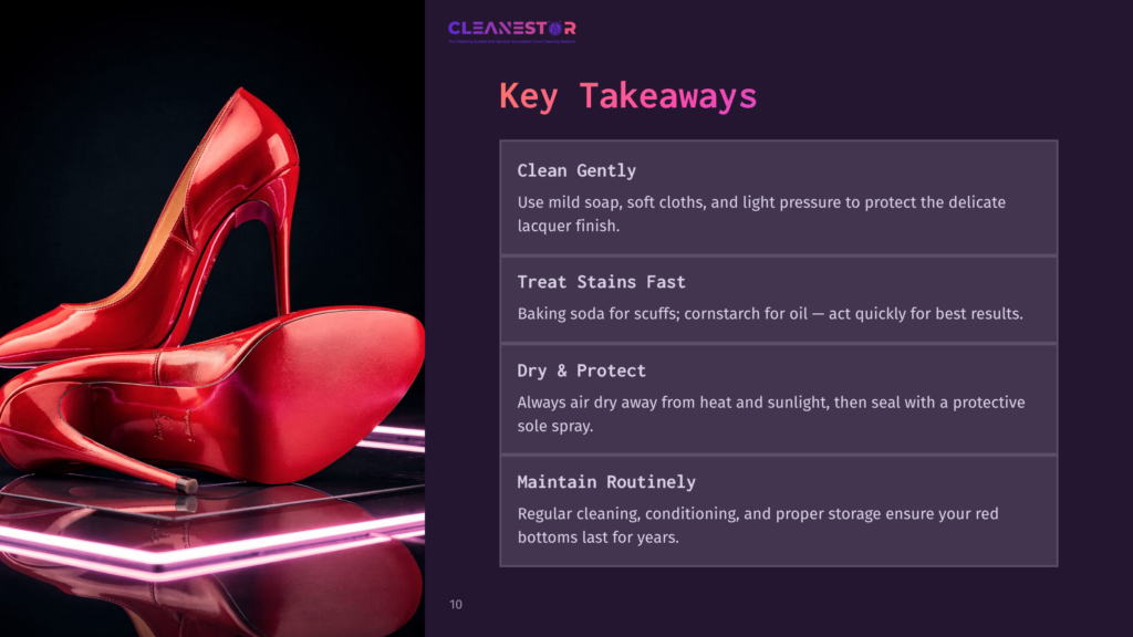 A Pair Of Shiny Red High-Heeled Shoes Sits On A Sleek Surface, Illuminated By Soft, Colorful Lighting, With Cleaning Tips Alongside.