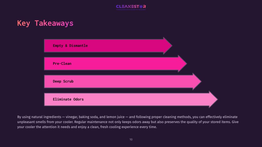 Graphic Featuring Pink Arrows On A Dark Background, Listing Key Steps For Cleaning A Cooler: Empty, Pre-Clean, Deep Scrub, And Eliminate Odors.