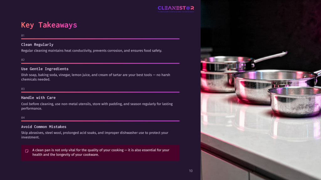 10 Key Takeaways 33 A Dark Purple Slide With &Quot;Key Takeaways&Quot; And &Quot;Clean Regularly&Quot; Tips For Cookware, Next To A Close-Up Of Shiny Stainless Steel Pots And Pans.