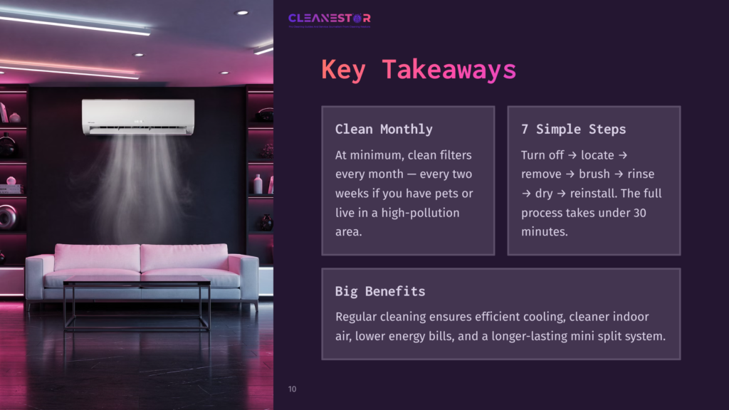 Cleanestor Logo With Text &Quot;Key Takeaways&Quot; And Air Conditioner Cleaning Tips. A Modern Living Room With A White Sofa And Pink-Lit Shelves Is Shown.