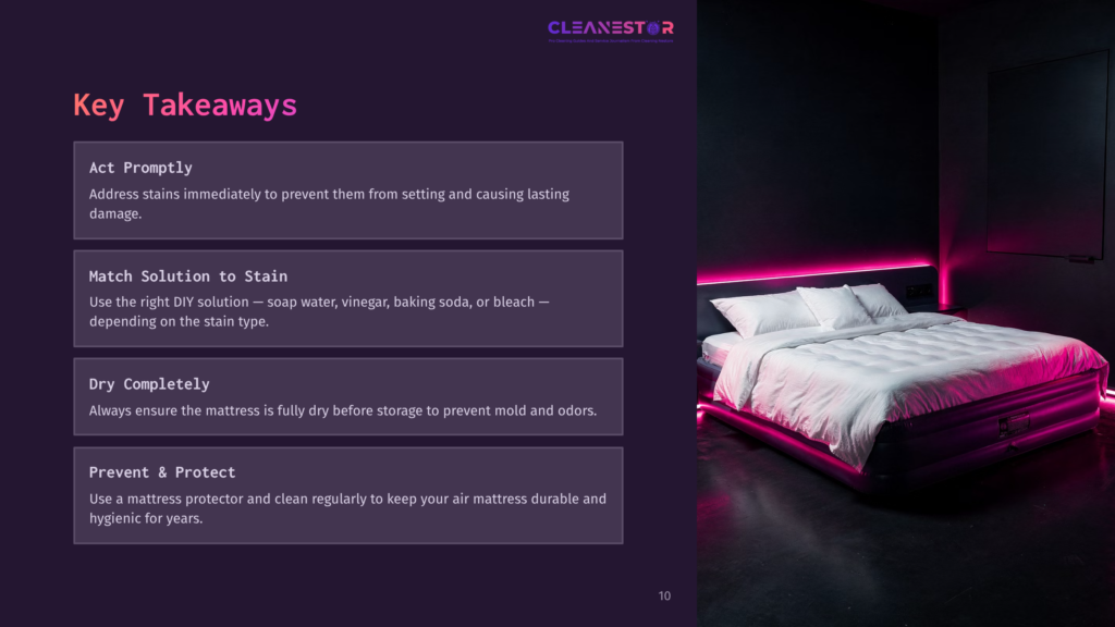 A Modern Bedroom With A Large, Illuminated Mattress Featuring Neon Pink Lighting Around Its Base. The Room Is Dark, With A Dark Wall Behind The Bed. Text Overlays Provide Mattress Care Tips: &Quot;Act Promptly,&Quot; &Quot;Match Solution To Stain,&Quot; &Quot;Dry Completely,&Quot; And &Quot;Prevent &Amp; Protect.