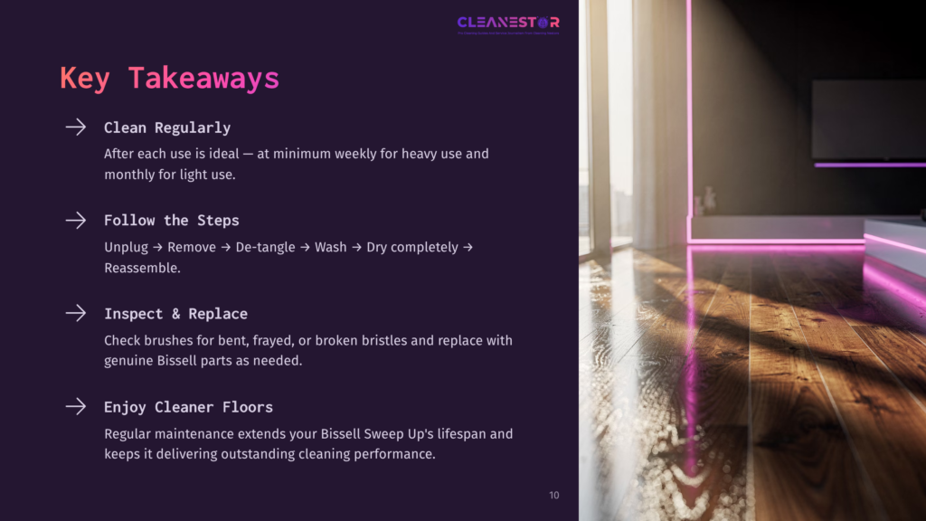 Cleanestor Logo On A Dark Purple Background With Key Takeaways Listed: Clean Regularly, Follow The Steps, Inspect &Amp; Replace, Enjoy Cleaner Floors. The Background Is A Blurred Image Of A Modern Living Room With Glowing Pink Lights.