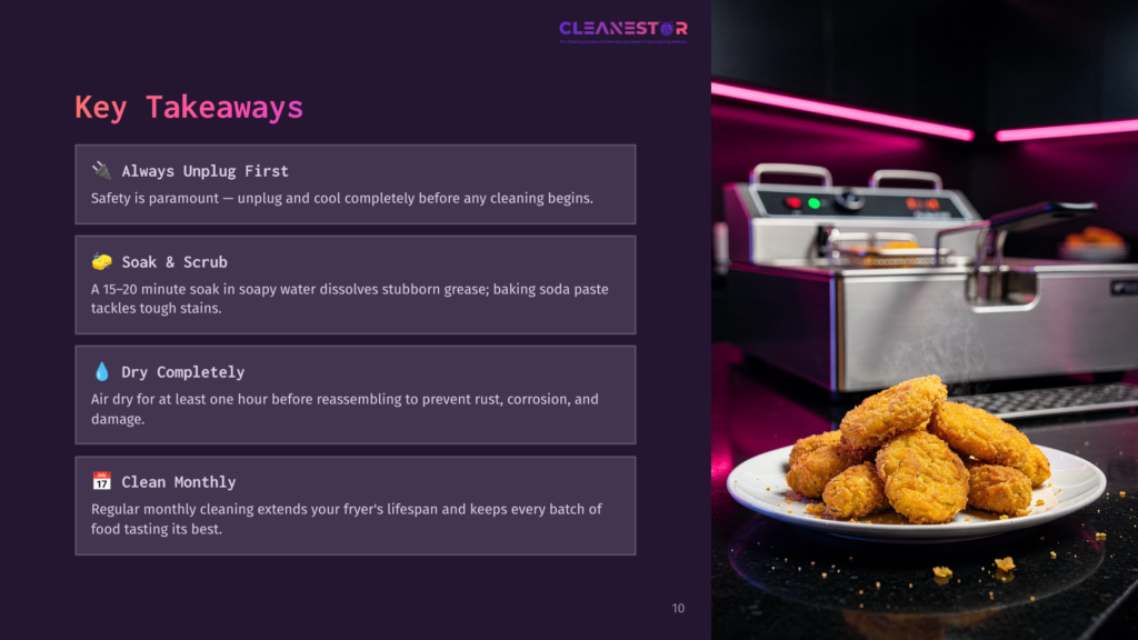 A White Plate Piled High With Golden-Brown Fried Chicken Tenders Sits On A Black Granite Countertop, With A Commercial Deep Fryer And Cleaning Tips In The Background. The Text &Quot;Key Takeaways&Quot; And Cleaning Tips Are Visible.