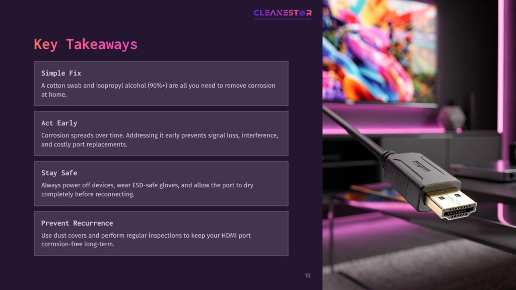 A Close-Up Of An Hdmi Cable With A Gold Connector Plugged Into A Black Port, Set Against A Dark Background With A Large Tv And Colorful Abstract Art On The Right. Text Overlay Reads &Quot;Cleanestor&Quot; And &Quot;Key Takeaways&Quot; With Bullet Points.