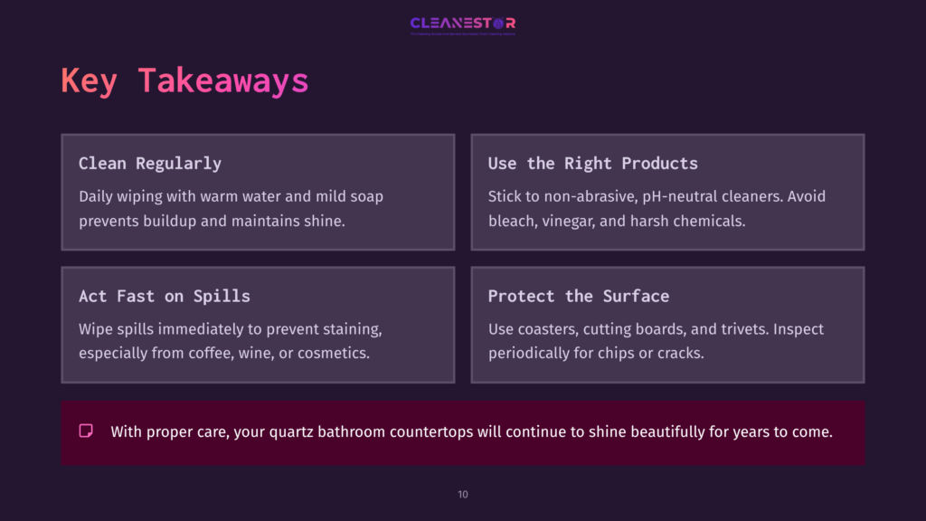 Slide With A Dark Purple Background Featuring White And Pink Text. Key Takeaways On Cleaning Quartz Countertops And Maintenance Tips.