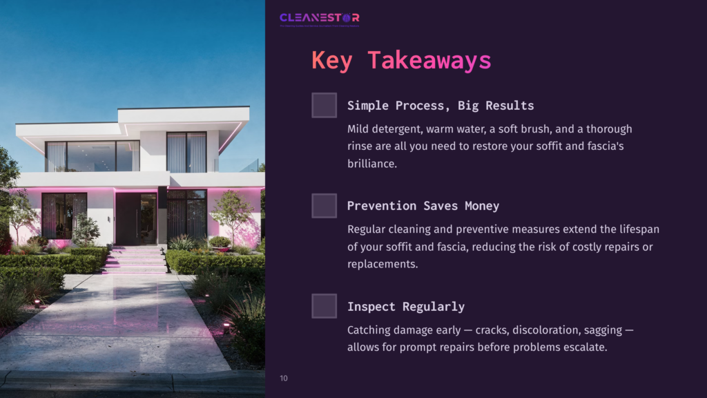 10 Key Takeaways 40 Modern White House With Pink Accent Lighting On The Walkway, Surrounded By Lush Landscaping. Text On The Right Reads &Quot;Key Takeaways&Quot; And Lists Points About Cleaning And Maintenance.