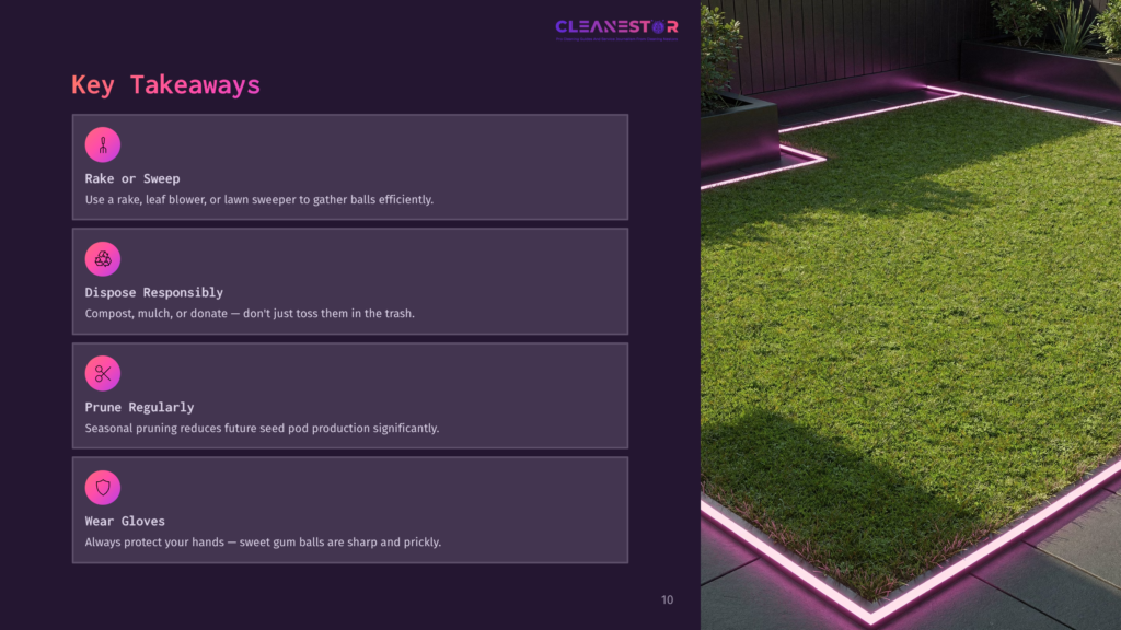 10 Key Takeaways 43 A Dark, Modern Outdoor Patio With Bright Pink Neon Lights Outlining A Patch Of Vibrant Green Artificial Turf. Text On The Left Lists Key Takeaways For Lawn Care: Rake Or Sweep, Dispose Responsibly, Prune Regularly, And Wear Gloves.
