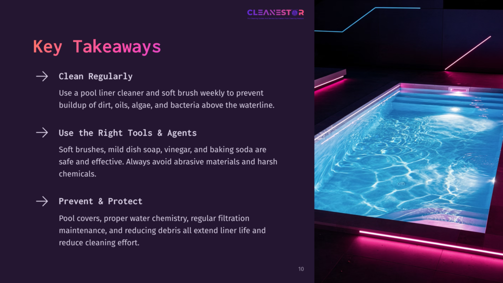10 Key Takeaways 45 Key Takeaways For Pool Care: Clean Regularly, Use The Right Tools And Agents, And Prevent &Amp; Protect Your Pool. Modern, Illuminated Pool At Night.