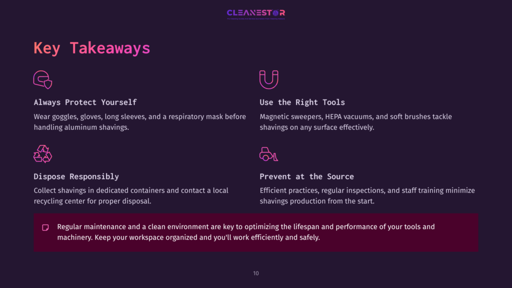 Key Takeaways From Cleanestor: Always Protect Yourself, Use The Right Tools, Dispose Responsibly, Prevent At The Source. Includes Icons For Safety, Tools, Recycling, And A Checklist.