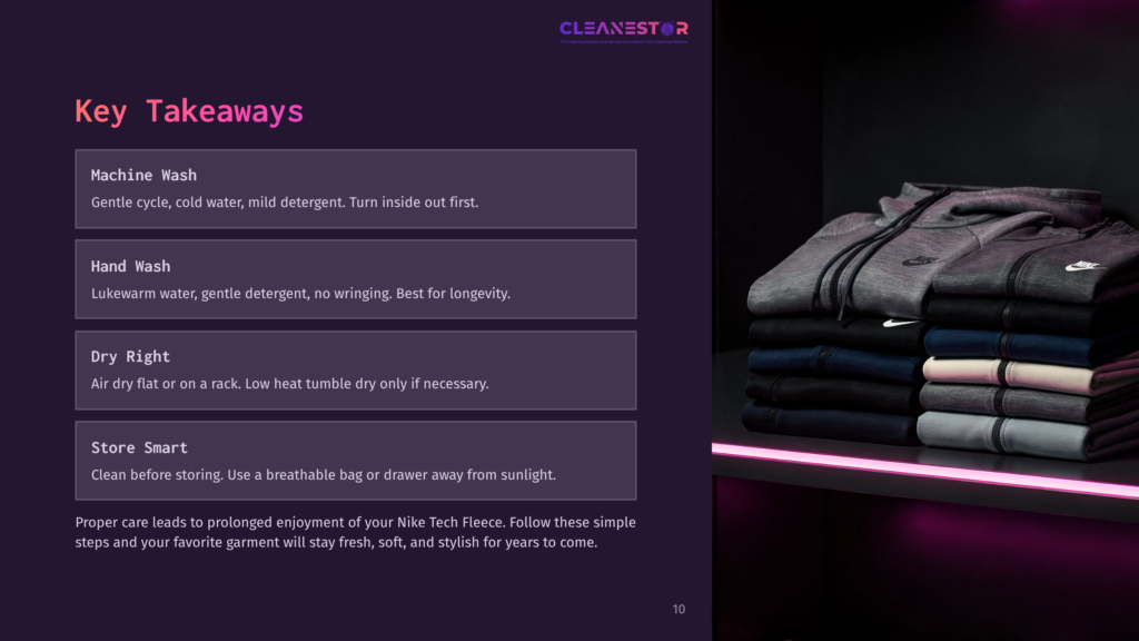 10 Key Takeaways 47 Stack Of Nike Tech Fleece Hoodies In Various Colors, From Light Grey To Dark Navy, Neatly Folded On A Shelf With A Pink Led Light Strip Illuminating Them. Text Overlay: &Quot;Cleanstar&Quot; And &Quot;Key Takeaways&Quot; With Garment Care Instructions.