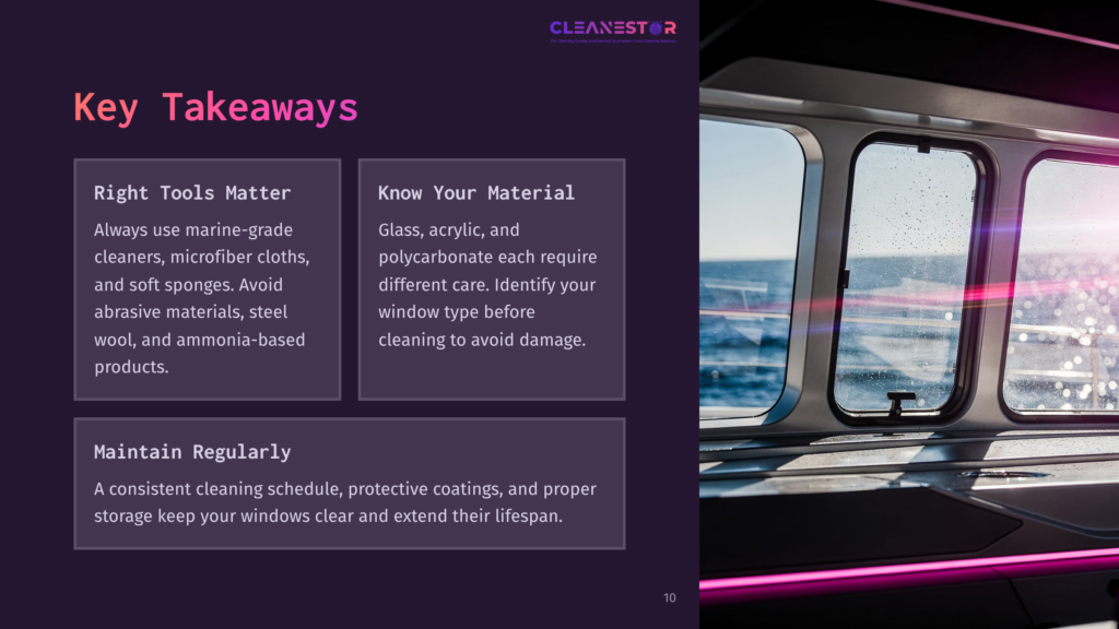 10 Key Takeaways 48 Cleanestar Logo And Text &Quot;Key Takeaways&Quot; With Bullet Points On Marine-Grade Cleaners, Microfiber Cloths, And Polycarbonate Care. Right Side Shows A View From Inside A Boat Through A Window With Water Droplets.
