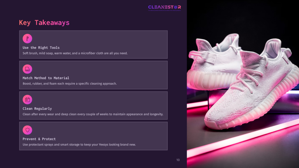 10 Key Takeaways 49 A Pair Of Pristine White Yeezy Sneakers Rests On A Reflective Surface, Illuminated By Vibrant Pink And Purple Neon Lights, With The Text &Quot;Cleanestor&Quot; Visible In The Background.