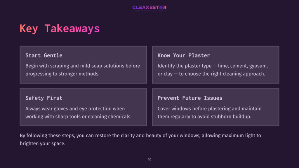 Four Highlighted Sections With A Purple Background Outlining Cleaning Tips For Plaster Off Windows, Featuring White Text And Key Visuals.