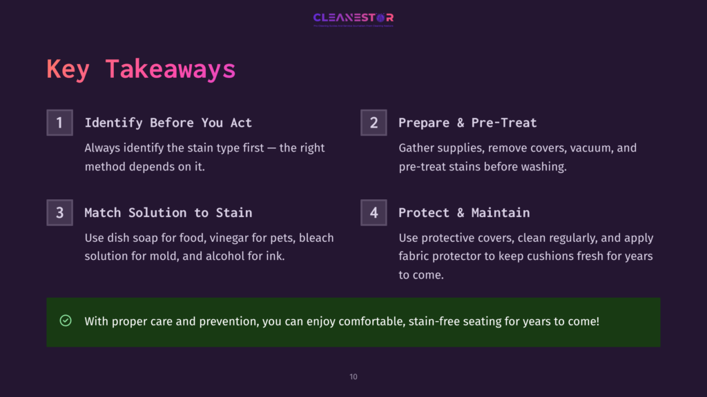 10 Key Takeaways 50 Cleanestor Slide With Key Takeaways For Stain Removal: Identify Before You Act, Prepare &Amp; Pre-Treat, Match Solution To Stain, Protect &Amp; Maintain. Green Banner At Bottom Reads: With Proper Care And Prevention, You Can Enjoy Comfortable, Stain-Free Seating For Years To Come.