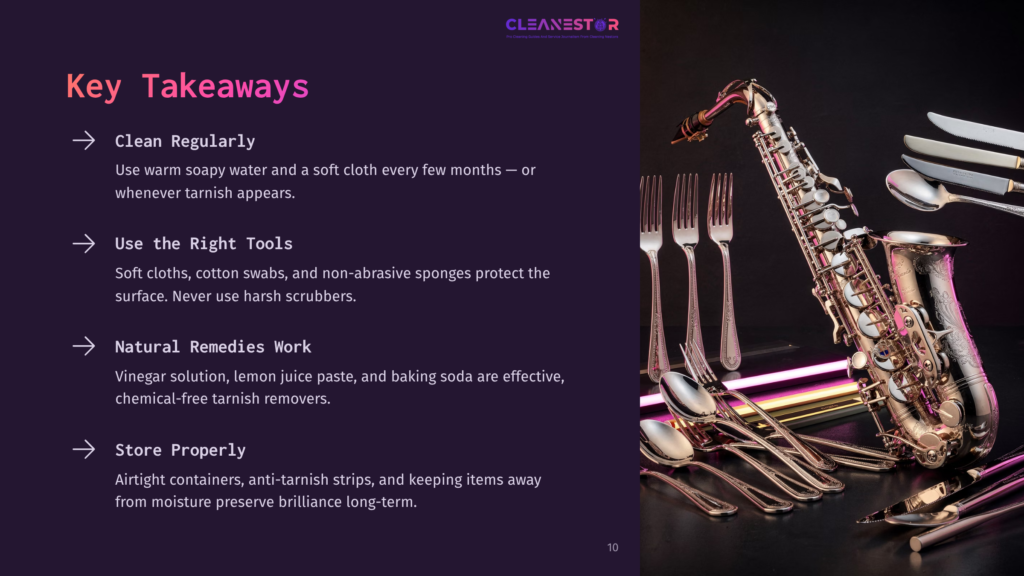 Key Takeaways For Cleaning And Storing Tarnish-Prone Items, Featuring A Saxophone And Cutlery. Text Highlights Include Cleaning Regularly, Using The Right Tools, Natural Remedies, And Proper Storage.