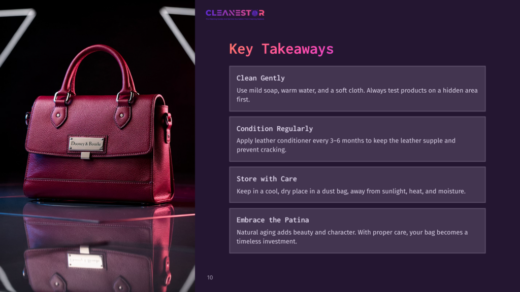 A Rich, Burgundy Dooney &Amp; Bourke Leather Handbag Sits On A Reflective Surface, With A Cleanestor Logo And Key Takeaways On Leather Care Visible On The Right.