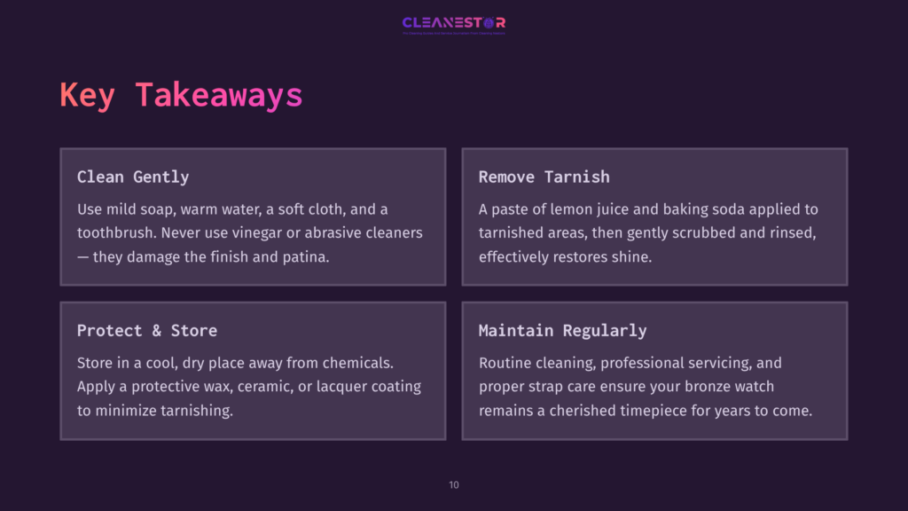 10 Key Takeaways 58 Key Takeaways From Cleanestor About Cleaning And Maintaining Bronze Watches: Clean Gently, Remove Tarnish, Protect &Amp; Store, And Maintain Regularly.