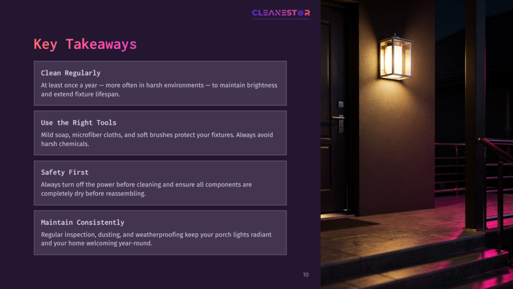 Front Porch Of A Home At Night, Illuminated By A Warm, Glowing Light Fixture Above The Door. The Text &Quot;Cleanestor&Quot; And &Quot;Key Takeaways&Quot; Are Visible, Along With Bullet Points About Cleaning.