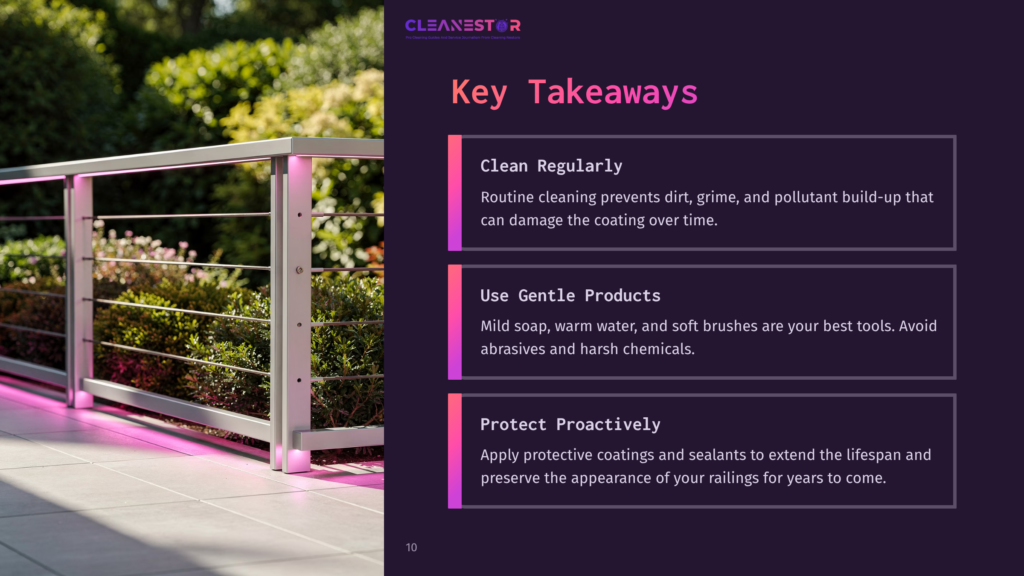 A Modern Aluminum Railing In The Foreground With A Pink Light Accent, Accompanied By Key Cleaning Tips In Bold Text On A Dark Background.