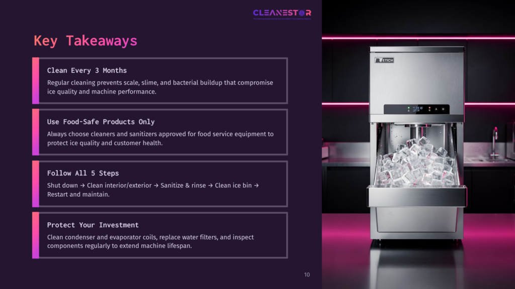A Cleanestar Ice Machine With A Full Bin Of Ice Sits In A Modern Kitchen Setting. Key Takeaways About Cleaning And Maintenance Are Displayed On A Purple Background To The Left.