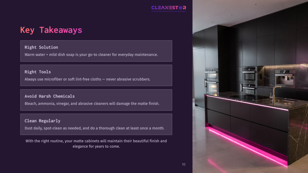 10 Key Takeaways 66 Modern Black Matte Kitchen With Sleek Cabinets, Integrated Appliances, And Vibrant Pink Led Under-Cabinet Lighting. Text Overlay Reads &Quot;Cleanestor: The Cleaning Solution For Matte Surface Cabinets.