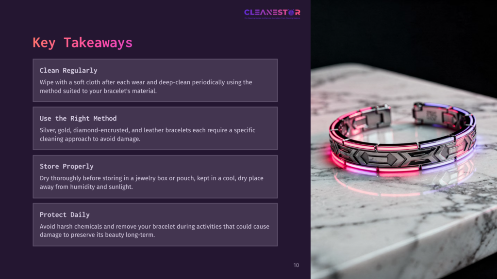 10 Key Takeaways 7 A Metallic Bracelet With Pink And Purple Lighting Sits On A Marbled Surface, Alongside Text Highlighting Care Tips In Contrasting Colors.