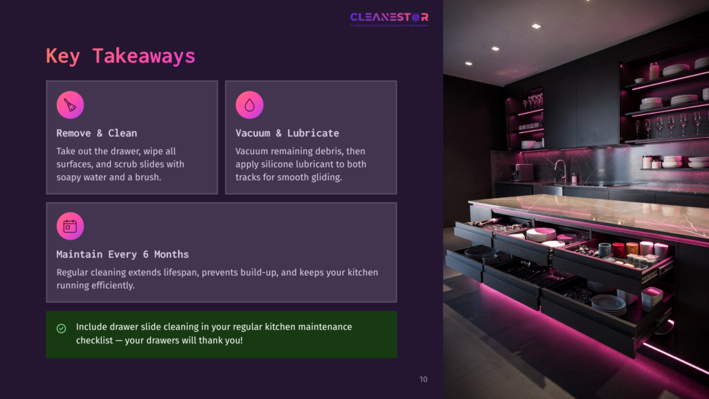 Modern Kitchen With Sleek Black Cabinets And Drawers, Illuminated By Vibrant Pink Led Lighting. The Open Drawers Reveal Organized Dishes And Kitchenware. Text On The Left Highlights Key Takeaways For Kitchen Maintenance.