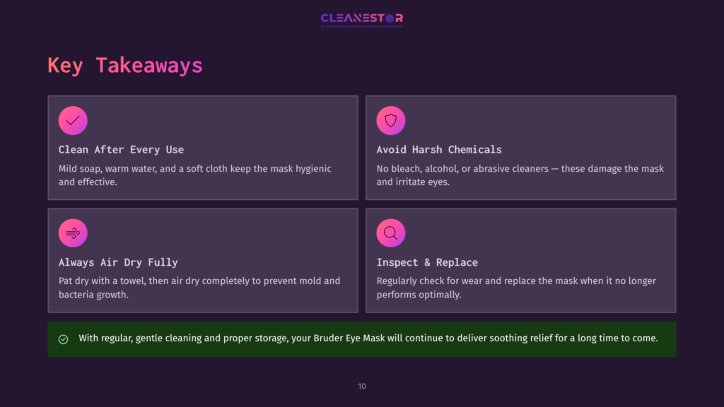 Cleanestor Brand Graphic With Four Key Takeaways For Mask Care: &Quot;Clean After Every Use,&Quot; &Quot;Avoid Harsh Chemicals,&Quot; &Quot;Always Air Dry Fully,&Quot; And &Quot;Inspect &Amp; Replace.