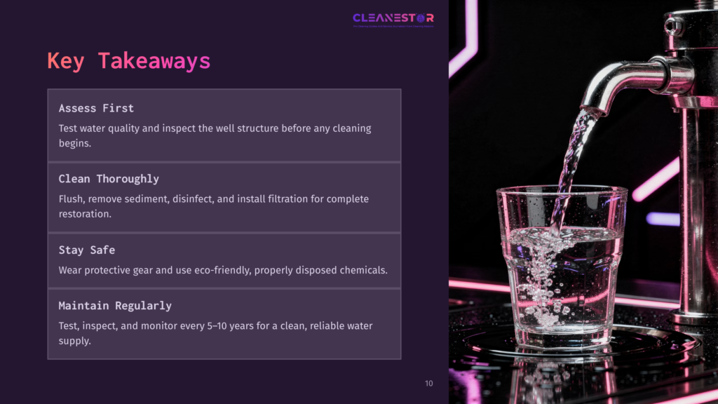 A Close-Up Of Water Pouring From A Metal Tap Into A Clear Glass, With A Dark Background And Neon Pink Accents. Text In The Upper Left Corner Reads &Quot;Key Takeaways&Quot; And Lists Four Points About Well Water Quality And Maintenance.