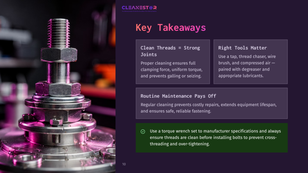 Close-Up Of A Large Metal Bolt And Nut Assembly, Showing Clean Threads. Text Overlays Highlight &Quot;Cleanestor&Quot; Brand, &Quot;Key Takeaways,&Quot; &Quot;Clean Threads = Strong Joints,&Quot; &Quot;Routine Maintenance Pays Off,&Quot; And &Quot;Right Tools Matter.