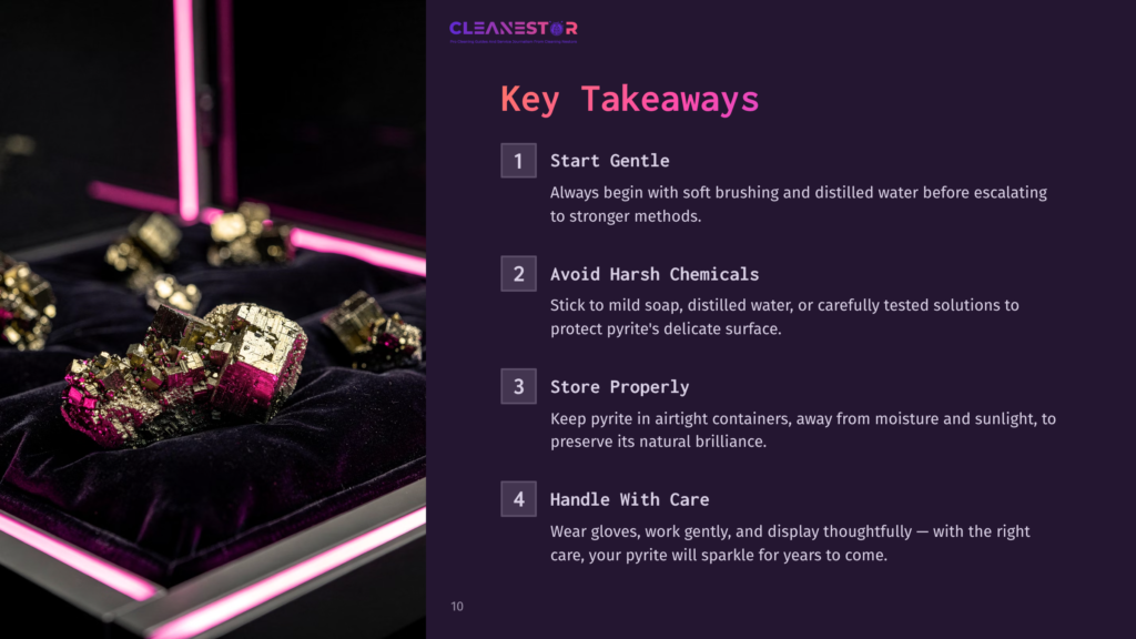 10 Key Takeaways 76 Pyrite Mineral Specimens, Also Known As Fool'S Gold, Displayed In A Lighted Case With &Quot;Cleanestor&Quot; Logo And Key Takeaways For Handling And Storing Pyrite.