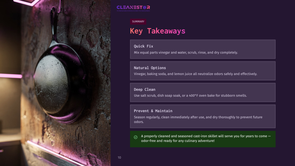 A Dark, Cast-Iron Skillet Hangs On A Textured, Dark Wall, Illuminated By Vibrant Pink Neon Lights. The Text &Quot;Cleanestor&Quot; Is Visible At The Top, Alongside A Summary Of &Quot;Key Takeaways&Quot; For Cleaning And Maintaining Cast Iron.