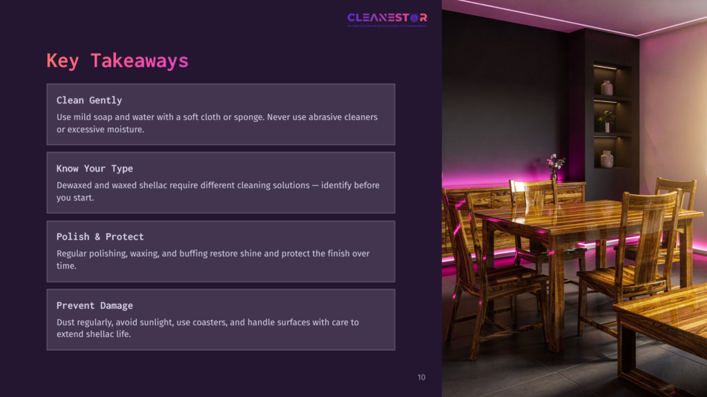 A Modern Dining Room With A Polished Wood Table And Chairs, Illuminated By Neon Pink Accent Lighting. The Table Features A Glossy Finish, Reflecting The Light. Key Takeaways From Cleanestor About Cleaning And Maintaining Wood Furniture Are Displayed On The Left.