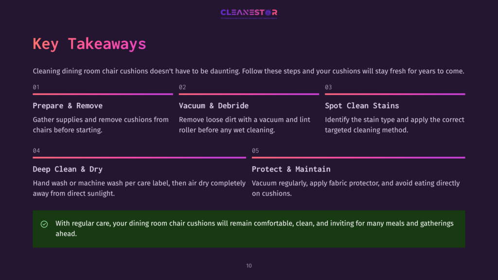 10 Key Takeaways 79 Infographic Detailing How To Clean Dining Room Chair Cushions, With Steps Like &Quot;Prepare &Amp; Remove,&Quot; &Quot;Vacuum &Amp; Debribe,&Quot; &Quot;Spot Clean Stains,&Quot; &Quot;Deep Clean &Amp; Dry,&Quot; And &Quot;Protect &Amp; Maintain.