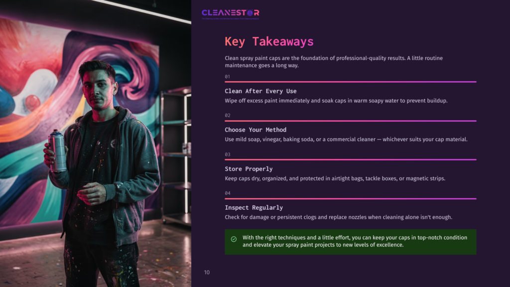 10 Key Takeaways 81 A Man Holds A Can Of Spray Paint In Front Of A Colorful Abstract Mural, With Text Overlay &Quot;Cleanestor Key Takeaways&Quot; And Numbered Tips For Spray Paint Cap Maintenance.