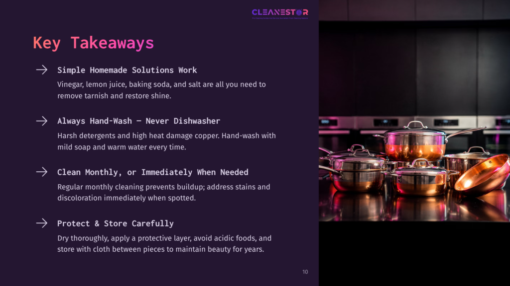 10 Key Takeaways 82 Clean Nestor Logo And Text &Quot;Key Takeaways&Quot; With Bullet Points About Cleaning Copper Cookware. A Polished Copper Pot And Pan Set Gleams On A Dark, Reflective Surface In The Background.