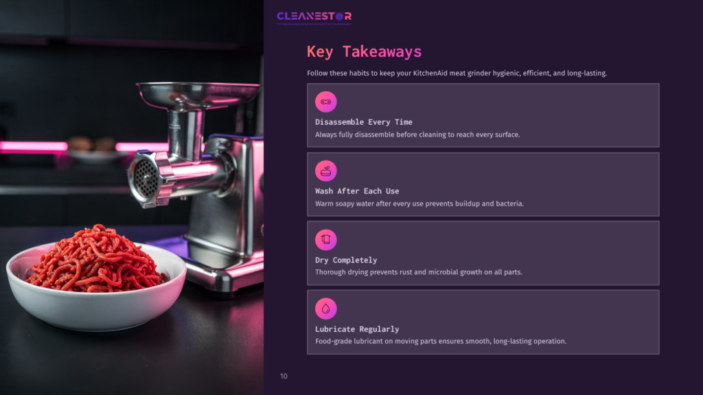 A Kitchenaid Meat Grinder Sits Next To A Bowl Of Freshly Ground Meat, With A Dark Background And The Text &Quot;Key Takeaways&Quot; And Cleaning Tips.