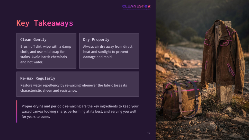 A Brown Waxed Canvas Jacket Hangs On A Wooden Post Next To A Duffel Bag On A Dirt Path. Text Overlays Provide Care Instructions: &Quot;Clean Gently,&Quot; &Quot;Dry Properly,&Quot; And &Quot;Re-Wax Regularly.