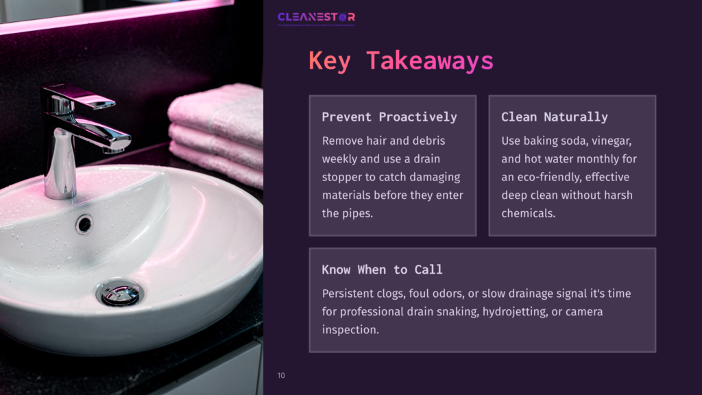 A Modern Bathroom Sink With A Chrome Faucet, White Ceramic Basin, And Stacked White Towels. Text Overlays Include &Quot;Cleanestor&Quot; And &Quot;Key Takeaways&Quot; With Bullet Points On Drain Cleaning Tips.