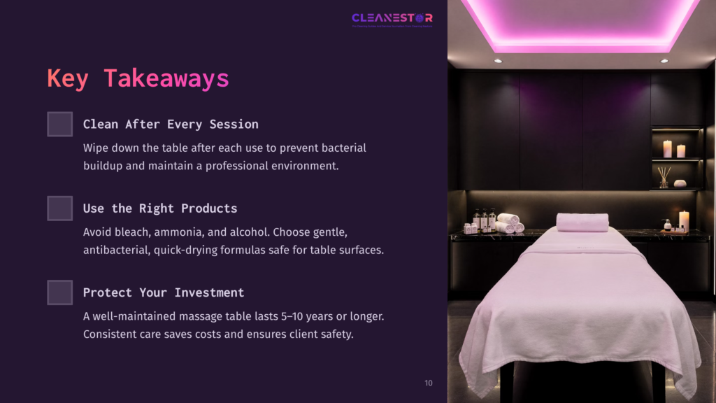 A Well-Maintained Massage Table In A Spa-Like Room, Featuring Soft Lighting, Neatly Arranged Towels, And Essential Cleaning Products.