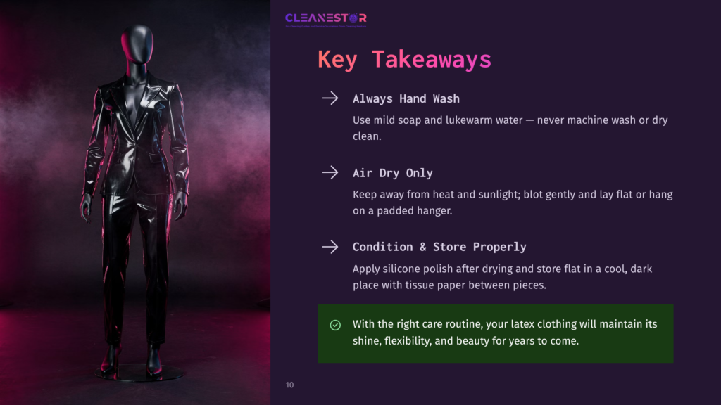 A Mannequin Wears A Glossy Black Latex Suit. To The Right, &Quot;Cleanestor&Quot; Logo And Key Takeaways For Latex Care: &Quot;Always Hand Wash&Quot;, &Quot;Air Dry Only&Quot;, &Quot;Condition &Amp; Store Properly&Quot;.