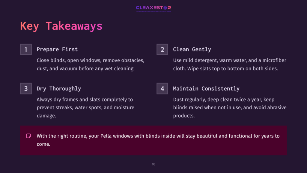Key Takeaways For Cleaning Pella Windows: Prepare First, Clean Gently, Dry Thoroughly, Maintain Consistently. The Text Also States That With The Right Routine, Pella Windows With Blinds Will Stay Beautiful And Functional For Years To Come.