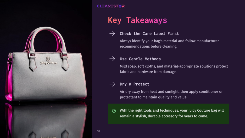 A Light Gray Juicy Couture Handbag Is Showcased On A Reflective Black Surface, With A Dark Purple Background Featuring &Quot;Cleanestor&Quot; Logo And &Quot;Key Takeaways&Quot; With Cleaning Tips.